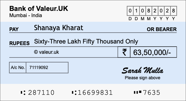 How to write a cheque for 63.5 lakh rupees