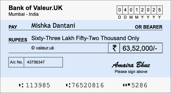 How to write a cheque for 63.52 lakh rupees