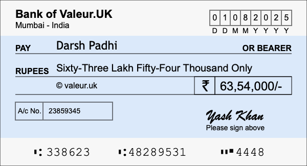 How to write a cheque for 63.54 lakh rupees