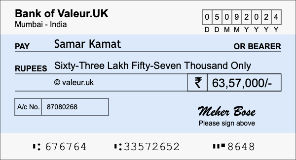 How to write a cheque for 63.57 lakh rupees