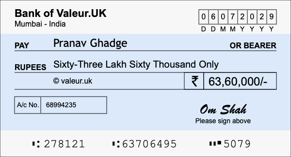 How to write a cheque for 63.6 lakh rupees