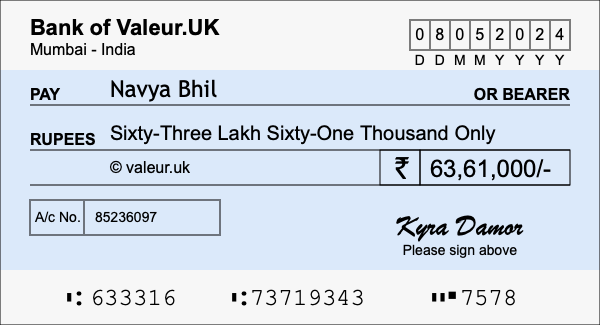 How to write a cheque for 63.61 lakh rupees