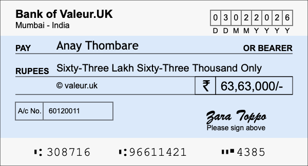 How to write a cheque for 63.63 lakh rupees