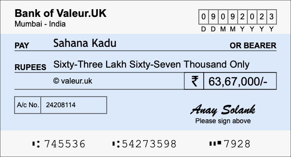 How to write a cheque for 63.67 lakh rupees