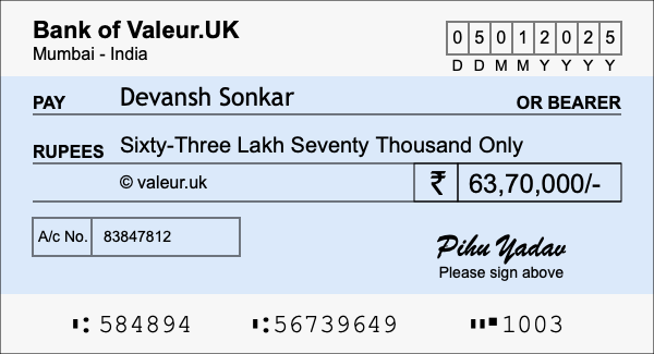 How to write a cheque for 63.7 lakh rupees