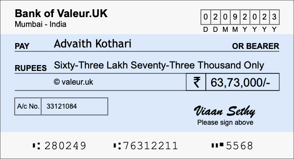 How to write a cheque for 63.73 lakh rupees