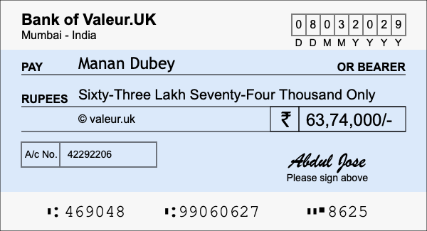 How to write a cheque for 63.74 lakh rupees
