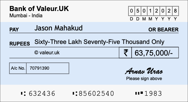 How to write a cheque for 63.75 lakh rupees