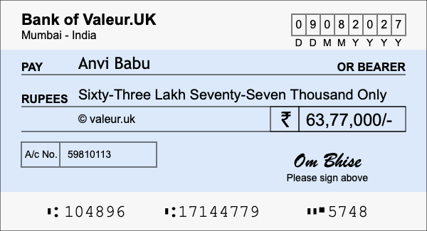 How to write a cheque for 63.77 lakh rupees
