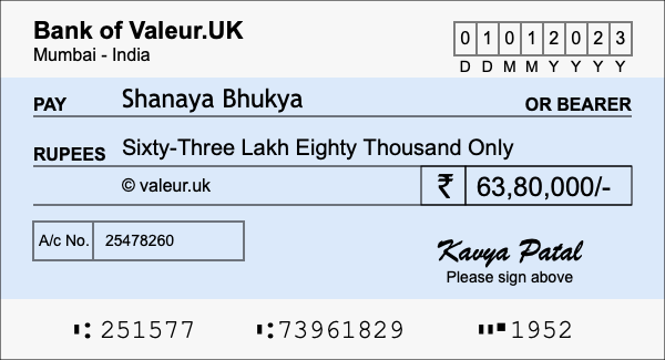 How to write a cheque for 63.8 lakh rupees