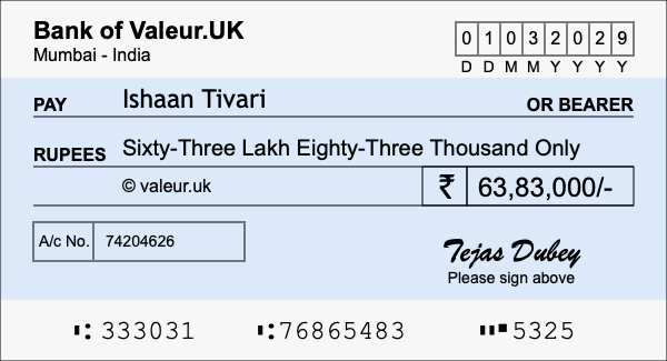 How to write a cheque for 63.83 lakh rupees