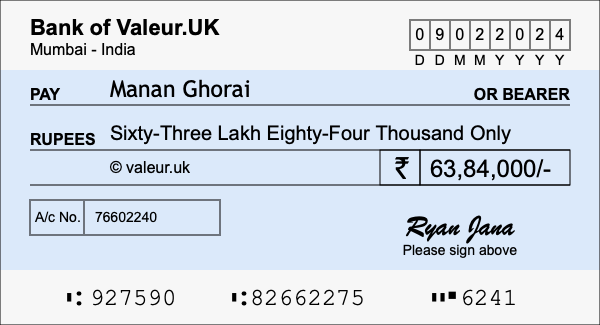 How to write a cheque for 63.84 lakh rupees