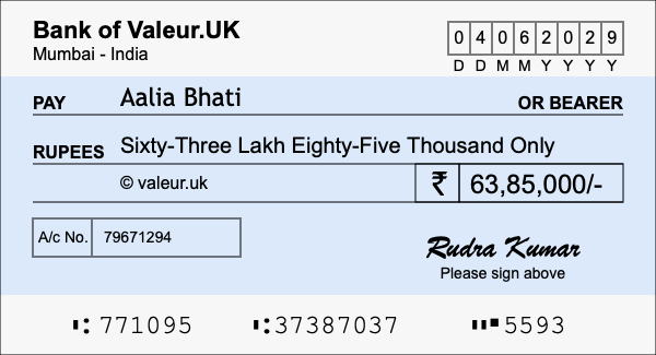 How to write a cheque for 63.85 lakh rupees