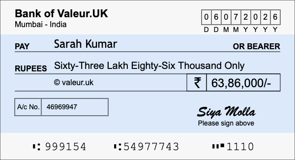 How to write a cheque for 63.86 lakh rupees