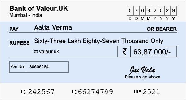 How to write a cheque for 63.87 lakh rupees