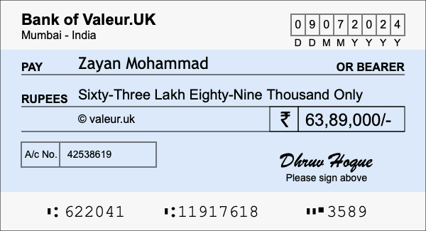How to write a cheque for 63.89 lakh rupees