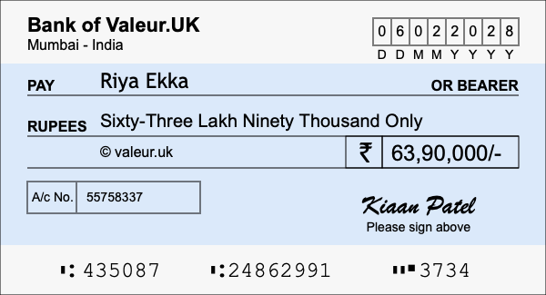 How to write a cheque for 63.9 lakh rupees