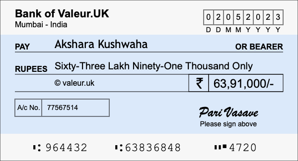 How to write a cheque for 63.91 lakh rupees
