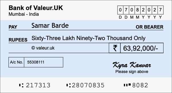 How to write a cheque for 63.92 lakh rupees