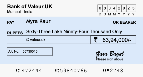 How to write a cheque for 63.94 lakh rupees