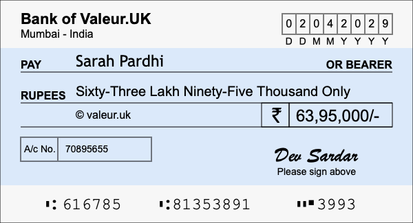 How to write a cheque for 63.95 lakh rupees