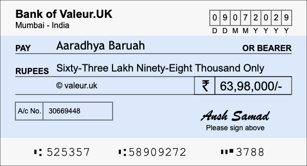 How to write a cheque for 63.98 lakh rupees