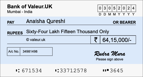 How to write a cheque for 64.15 lakh rupees How to write a cheque for 64.15 lakh rupees