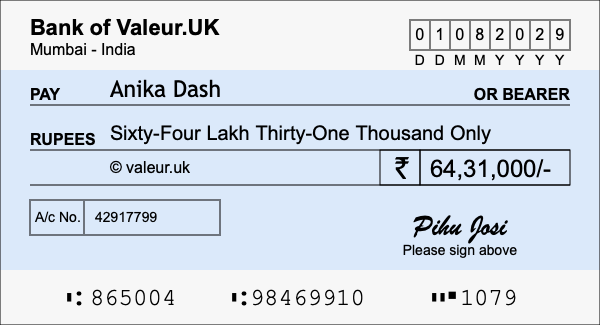 How to write a cheque for 64.31 lakh rupees How to write a cheque for 64.31 lakh rupees