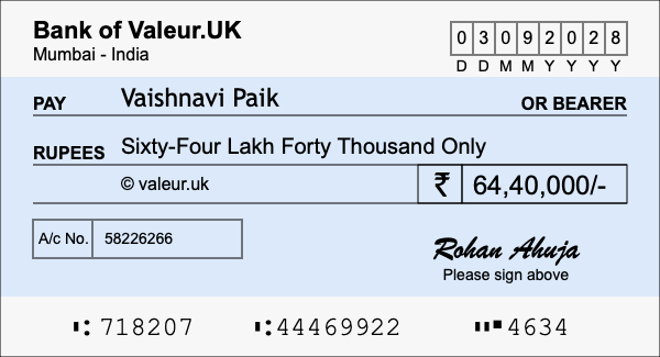 How to write a cheque for 64.4 lakh rupees