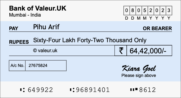 How to write a cheque for 64.42 lakh rupees