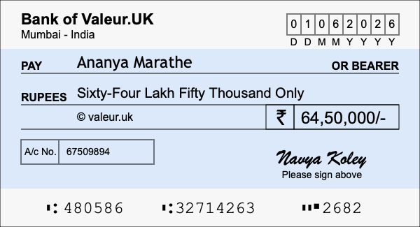 How to write a cheque for 64.5 lakh rupees