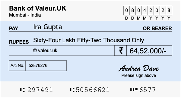 How to write a cheque for 64.52 lakh rupees