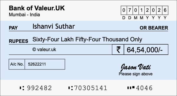 How to write a cheque for 64.54 lakh rupees