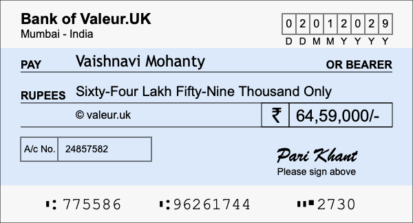 How to write a cheque for 64.59 lakh rupees
