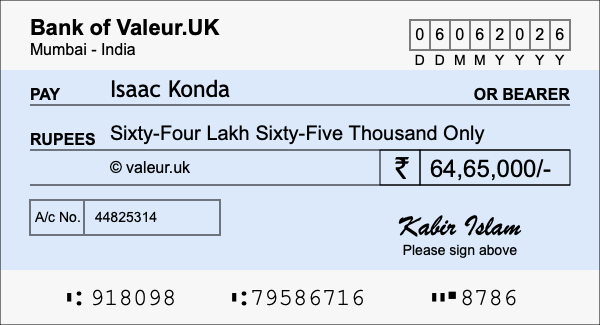 How to write a cheque for 64.65 lakh rupees How to write a cheque for 64.65 lakh rupees
