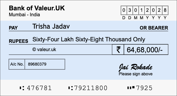 How to write a cheque for 64.68 lakh rupees How to write a cheque for 64.68 lakh rupees
