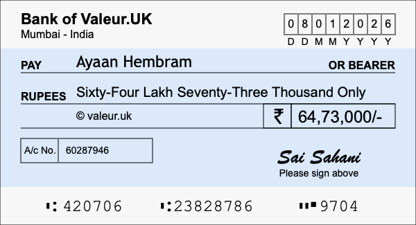 How to write a cheque for 64.73 lakh rupees