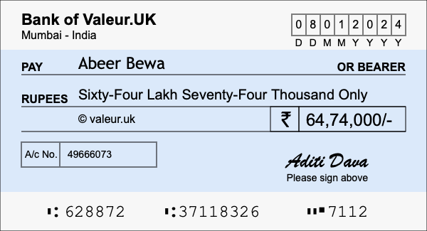 How to write a cheque for 64.74 lakh rupees