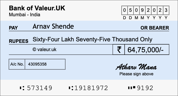 How to write a cheque for 64.75 lakh rupees