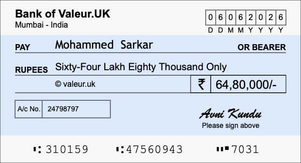 How to write a cheque for 64.8 lakh rupees