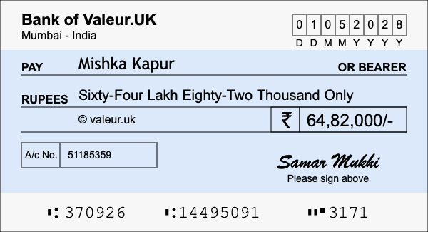 How to write a cheque for 64.82 lakh rupees
