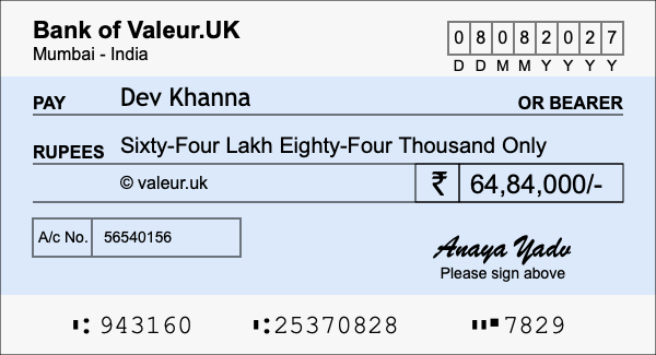 How to write a cheque for 64.84 lakh rupees
