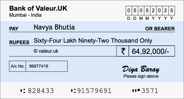 How to write a cheque for 64.92 lakh rupees
