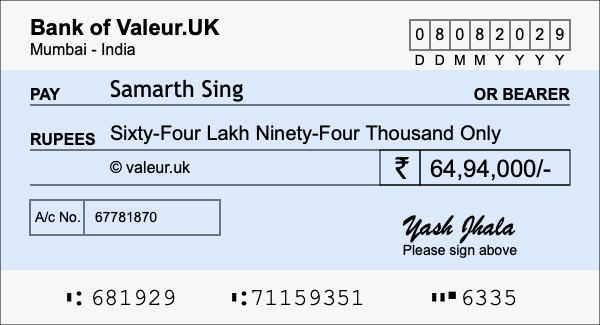 How to write a cheque for 64.94 lakh rupees