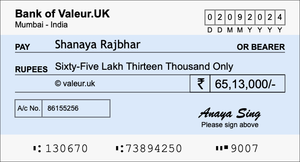 How to write a cheque for 65.13 lakh rupees How to write a cheque for 65.13 lakh rupees