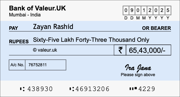 How to write a cheque for 65.43 lakh rupees