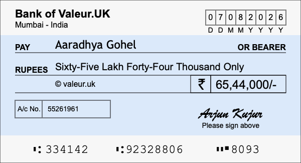 How to write a cheque for 65.44 lakh rupees
