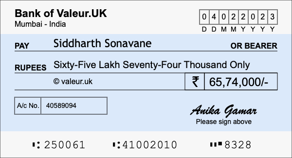 How to write a cheque for 65.74 lakh rupees
