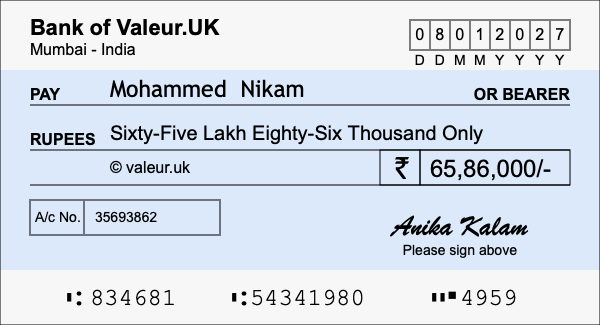 How to write a cheque for 65.86 lakh rupees