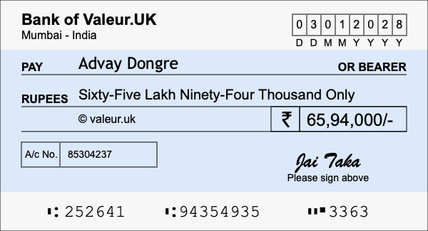 How to write a cheque for 65.94 lakh rupees